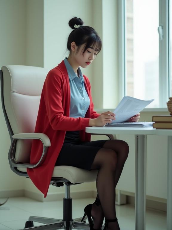 Full-body photorealistic image features an East Asian female agent at her desk. She reads her intel files inside her agency building with off-white walls. She wears black pantyhose and black heels. Her outfit includes a light-blue blouse and black knee-length skirt with a cherry-red cardigan. Black hair is in a bun with a white flower clip. The background has a modern ambiance.