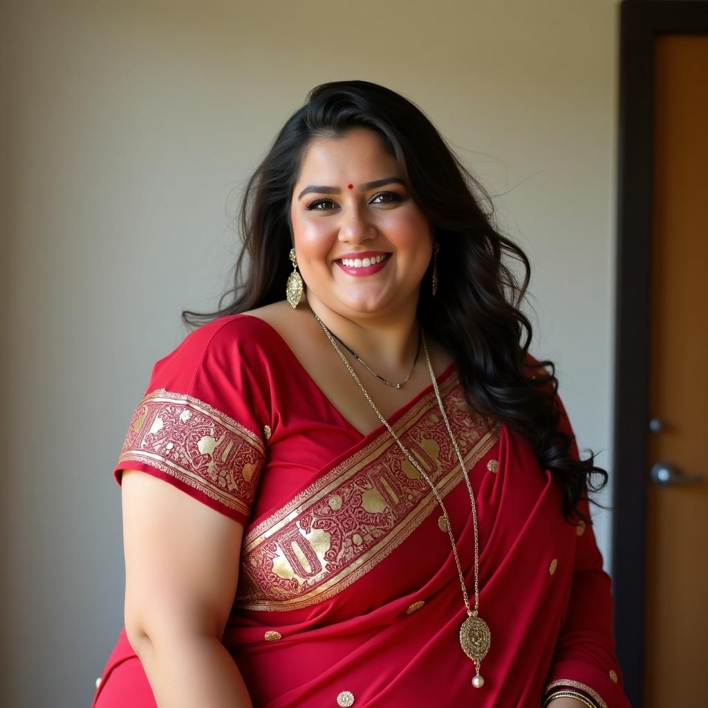 Bright indoor setting. A confident woman wears a traditional red saree. The saree features intricate gold patterns. The focus is on the garment and style.