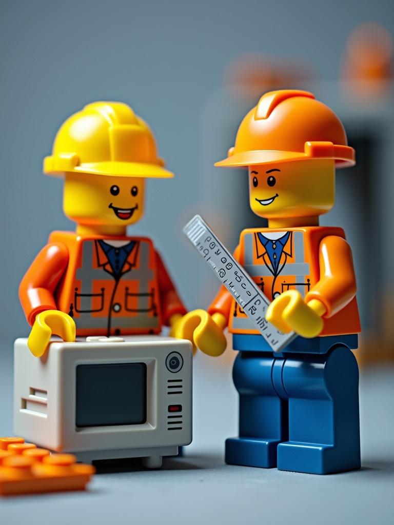 LEGO figures stand beside a computer. One figure holds a slide rule. Bright colored construction outfits.