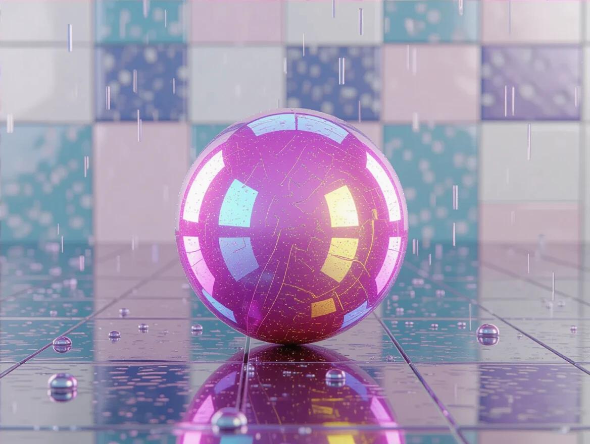 3D iridescent ceramic tile and glass mosaic. Highly detailed CGI. Happy pink 3D gumball. Rainy day scene. Abstractive and ethereal design.