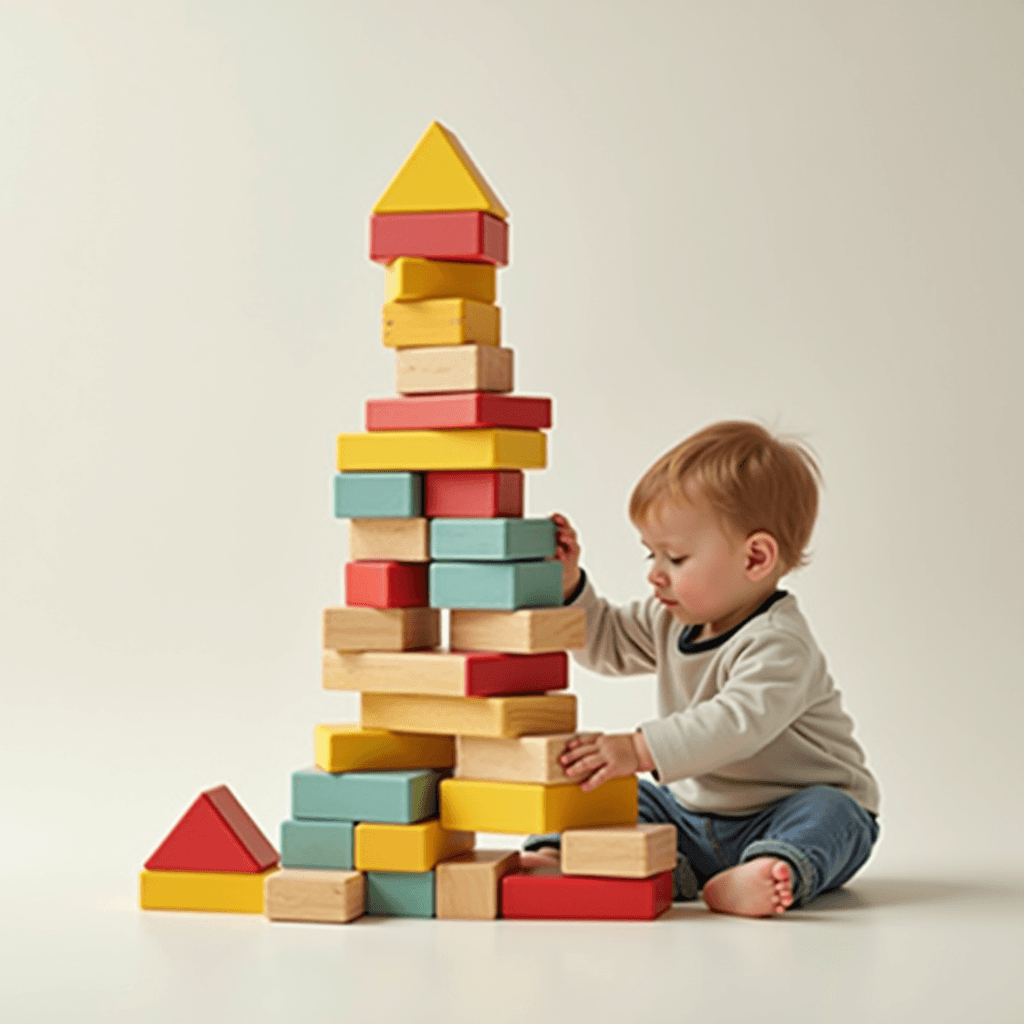 A young child sitting on the floor, building a tall tower with colorful blocks.