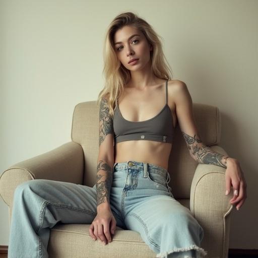 Grainy vintage photograph of a young woman with a slender physique seated on a light fabric armchair. She wears a sports bra and light-wash high-waisted frayed jeans. Pale skin and wavy blonde hair frame her face. Intricate tattoos on her arms and side. Neutral expression with a cigarette. Simple background highlights her form and tattoos. Emphasizes comfort in skin and artistic expression.