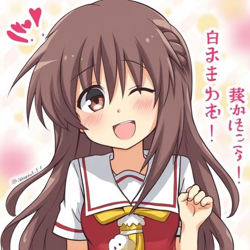 Anime character with long hair expressing cuteness and happiness. Bright colors and cheerful demeanor with hearts in the background.
