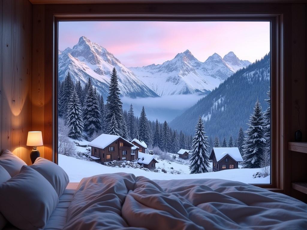 The image shows a cozy bedroom with a large window showcasing a breathtaking winter landscape. Outside, fluffy snow blankets the rooftops of quaint mountain houses nestled in the valley. Tall evergreen trees surround the area, adding to the serene atmosphere. In the background, majestic mountains rise high, partially covered in snow. The sky is painted in soft pastel hues of purple and pink, indicating dusk. Inside the room, a plush bed is made up with warm bedding, inviting relaxation. The overall scene evokes a sense of warmth and comfort against the cold winter outside.