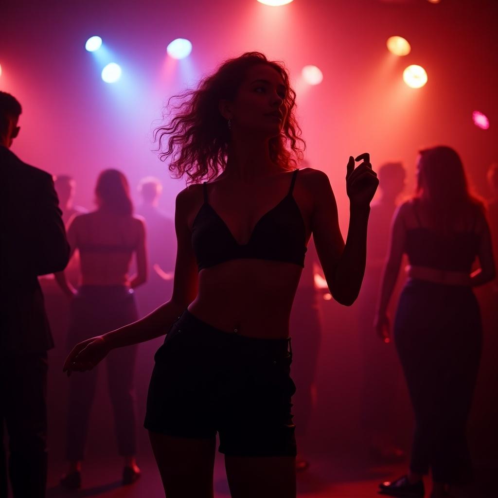 The image captures a lady dancing in a night club, surrounded by other partygoers. She exudes confidence and joy, swaying to the music. The vibrant colors of light create an energetic atmosphere. Shadows and silhouettes add depth, casting her as the focal point. The scene conveys the lively spirit of nightlife, inviting the viewer into the experience.