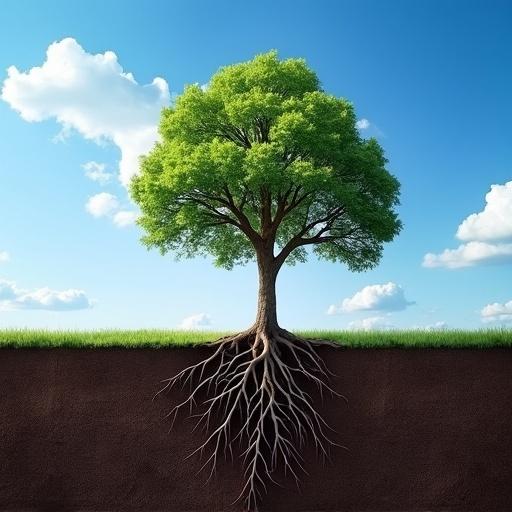 Image of a tree with visible roots and vibrant green leaves under a blue sky with clouds.