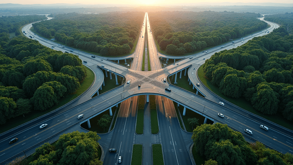 A stunning aerial view of a symmetrical highway interchange set amidst lush green forests, bathed in the golden glow of a sunrise.