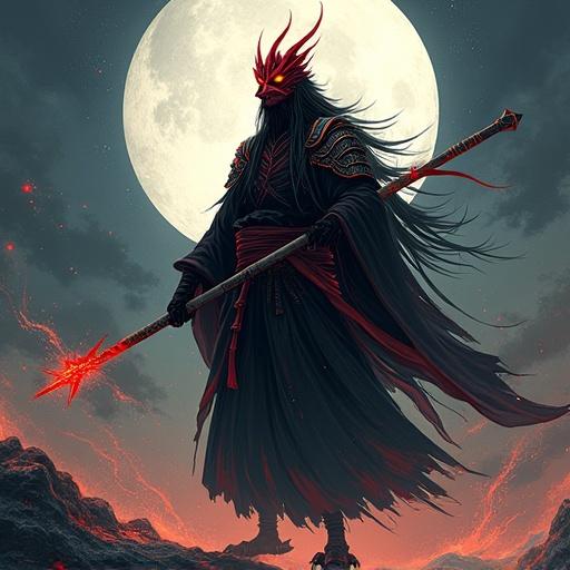 Powerful original character blends Solo Leveling shadow soldiers aesthetic with Japanese folklore. Figure stands imposingly in dramatic scene with dark aura and flowing energy. Wears red Tengu mask with glowing eyes, long wild hair, layered robes with ornate armored sleeve. Bird-like clawed feet beneath hakama. Holds long 180cm ritual staff glowing with sacred energy, indicating reverence. Background features surreal moonlit sky, enhancing supernatural presence. Style mixes Solo Leveling concept art and traditional Japanese ink painting, focusing on silhouette strength and spiritual intensity.