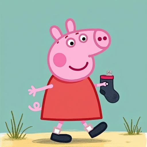 Peppa Pig in a red dress holds socks and walks to school. She appears sad and determined about attending class. Her surroundings are simple with a clear blue background and light ground.