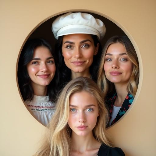 Four beautiful women with blue eyes and different hair colors are smiling and looking at the viewer. They are emerging from a circular opening. The background is beige. One woman wears a white beret and a white T-shirt with a pleated collar. Another wears a black beret and a colorful T-shirt. The third woman is a young blonde dressed in black. Women display a mix of excitement and surprise in their expressions.
