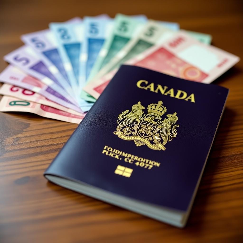 Canadian passport is placed on a wooden table. Banknotes of various denominations are arranged in the background.