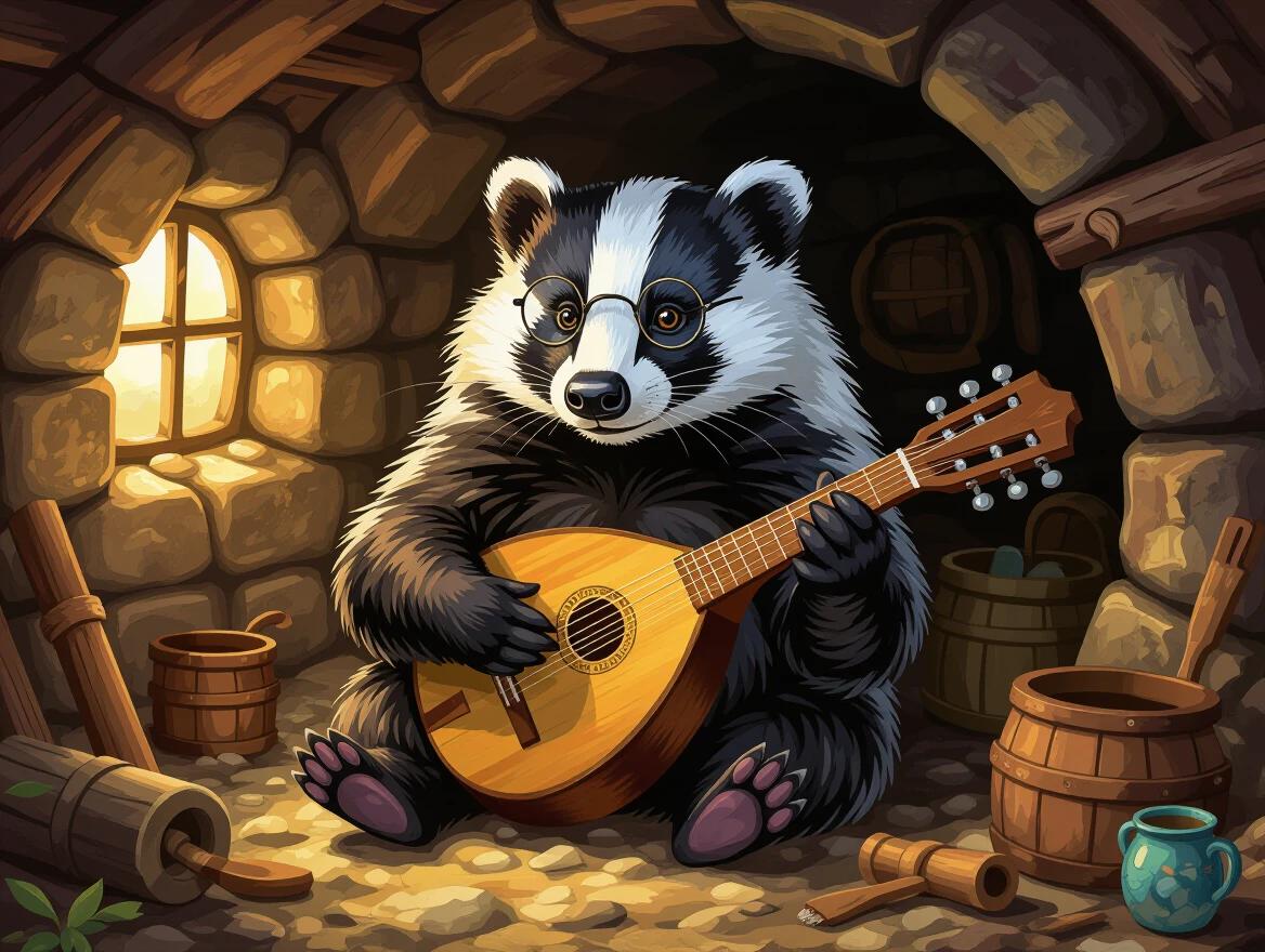 A wise old badger sitting in an underground burrow. The badger has glasses on its nose. It plays a rustic lute. The scene is cozy and deeply charming. The interior is illuminated with soft warm light coming from a window. The burrow is filled with wooden barrels and pots. It is a classical oil painting with bold colors and detailed brushstrokes. The painting portrays realism and warmth.