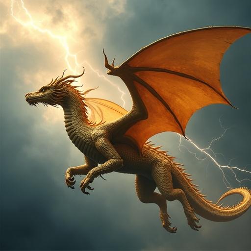 Majestic golden dragon soaring through a storm-filled sky. Wings outstretched and powerful. Battling against fierce wind and cracking lightning.