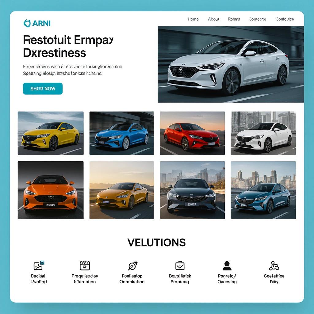 Grid layout showcasing various car models in bright colors. Includes white text sections with titles and buttons. Modern and clean design.