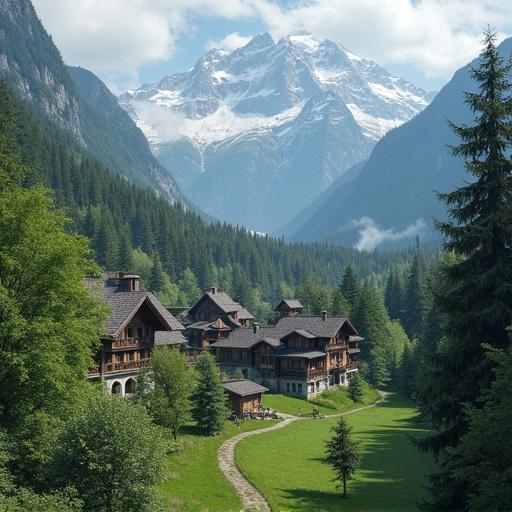 Wood village in Switzerland surrounded by Swiss Alps. Lush forest and breathtaking mountain scenery. Photorealistic and highly detailed image.