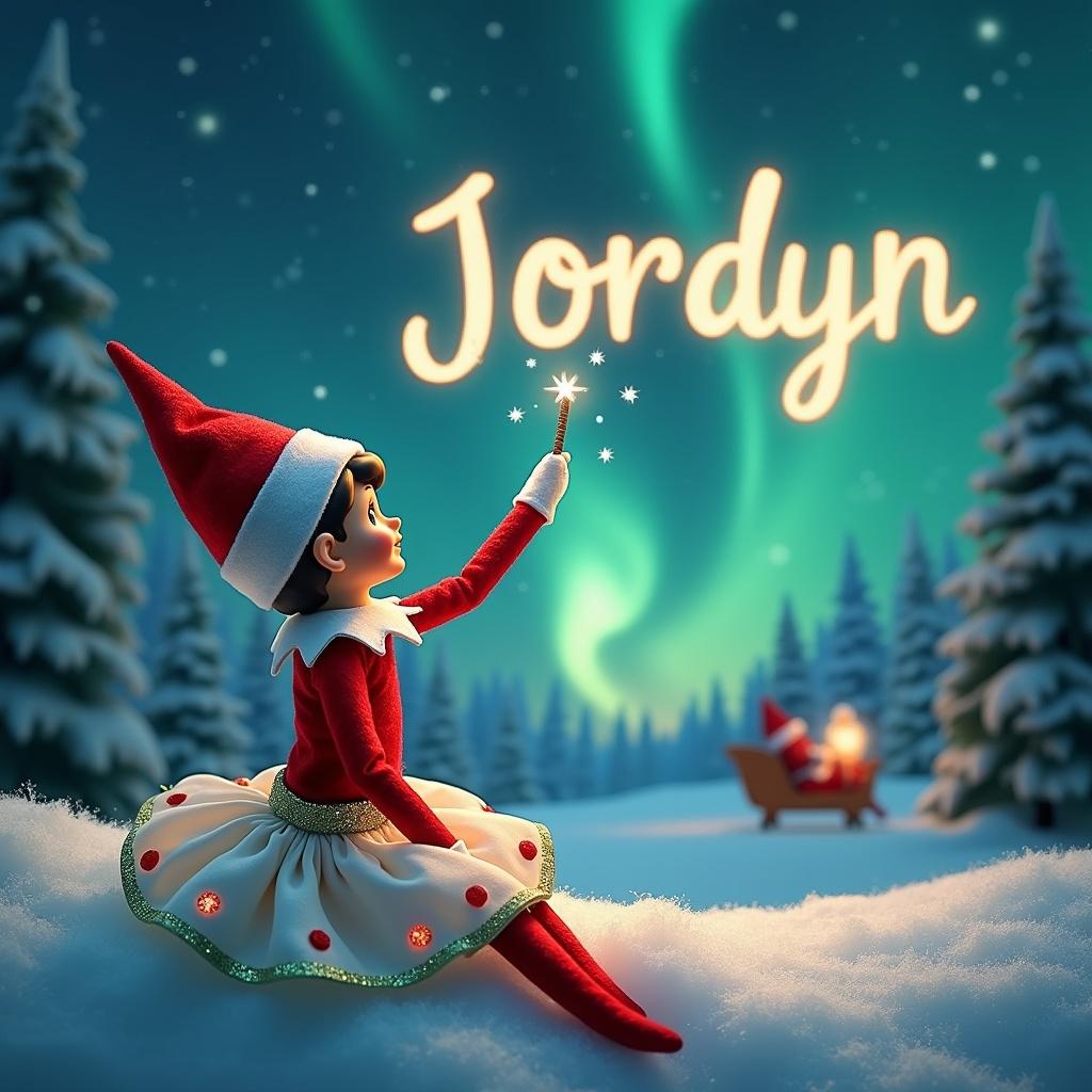 A Christmas scene with an elf on the shelf in a white skirt with red polka dots and sparkling green waistband. The elf sits gazing upwards, writing 'Jordyn' in the night sky with a wand. Northern lights fill the background and Santa Claus is seen distantly. Snow covers the ground creating a serene landscape. The moment embodies holiday joy and wonder.