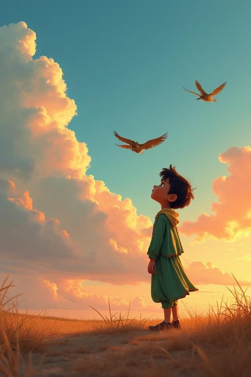Young boy standing in a peaceful village in Pakistan looking up at birds flying in a calm sky. Surrounded by soft clouds during sunset.