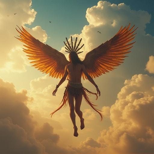 Akhnaten depicted with wings flying into a dramatic sky filled with clouds. Bright colors enhance the mythological aspect.