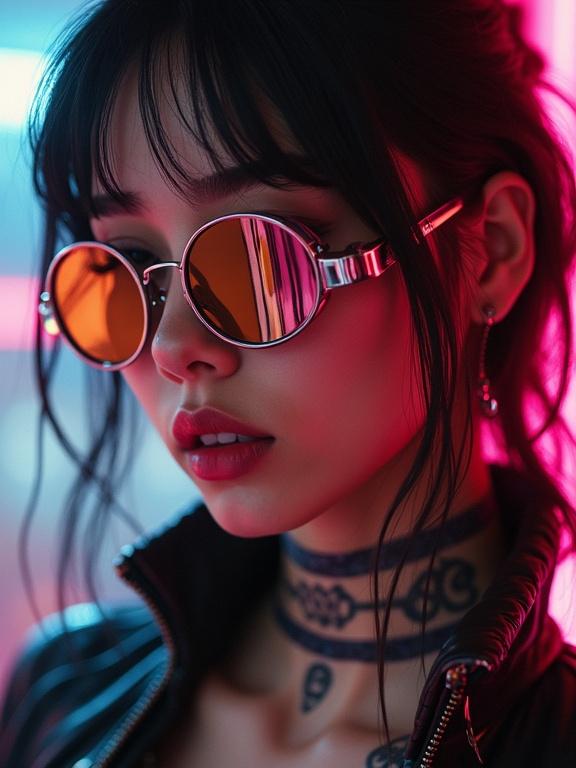 Close-up shot of a girl's face in a cyberpunk style. She wears futuristic mirror glasses and a bomber jacket with glowing stripes. Focus on her heavy makeup and realistic skin. She has stylish hair and a warm smile. Tattoos are visible on her neck.