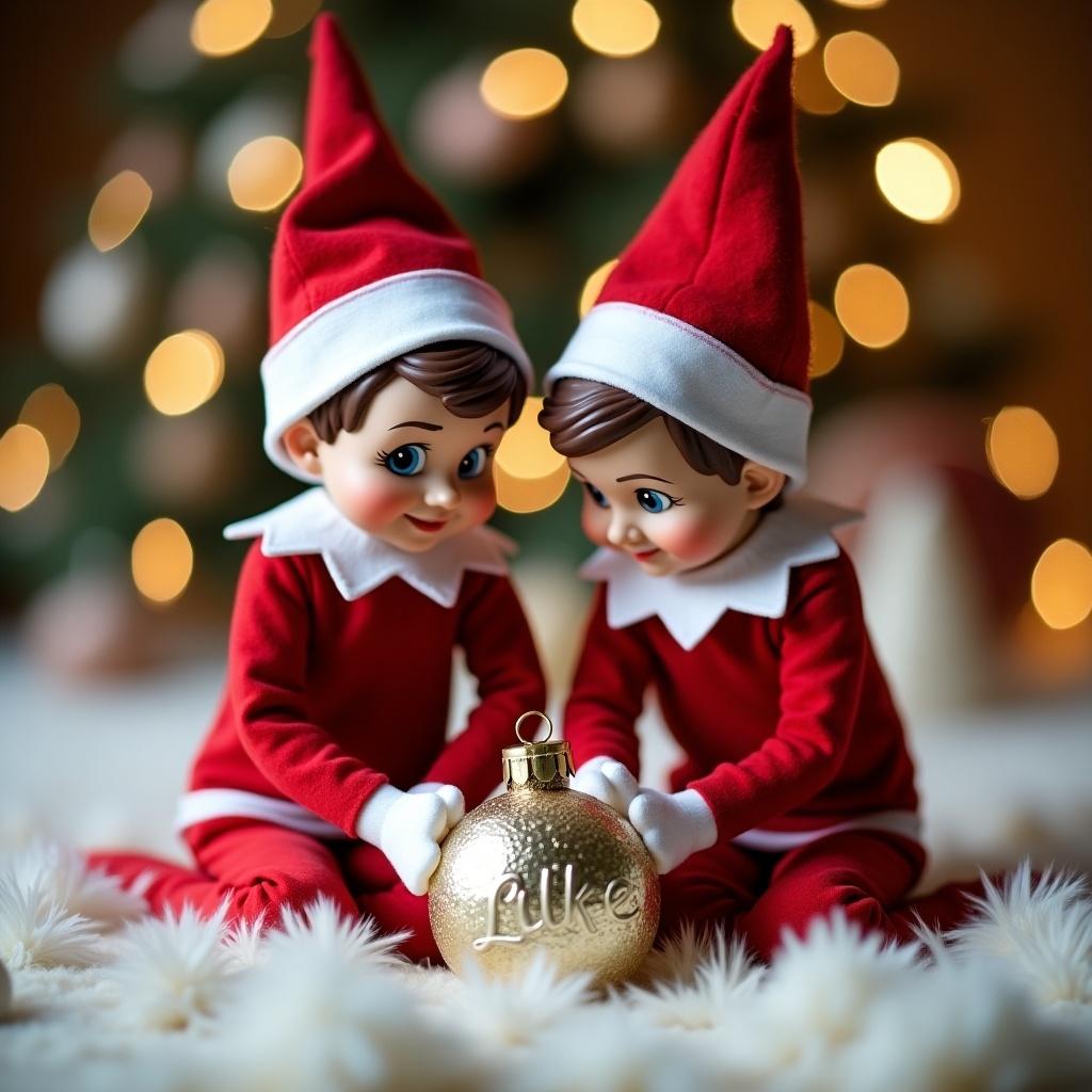 The image features two adorable Christmas elves sitting closely together, each wearing matching red outfits with white trim and festive hats. They are intently focused on a sparkling bauble on the ground, which is personalized with the name 'Luke'. Surrounding them are soft, fluffy decorations reminiscent of winter magic. In the background, a beautifully lit Christmas tree twinkles with soft colors, adding warmth to the scene. This heartwarming moment captures the joy of the holiday season, making it perfect for various festive applications.