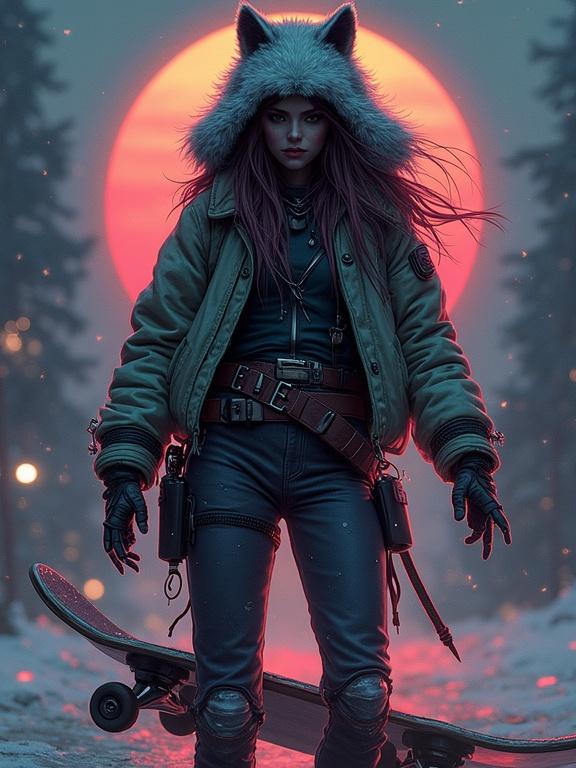 Female cyberpunk warrior standing on a skateboard. Equipped with a grenade launcher and wearing wolf fur. Captured in a snowy nighttime scene with a glowing red sun in the background.
