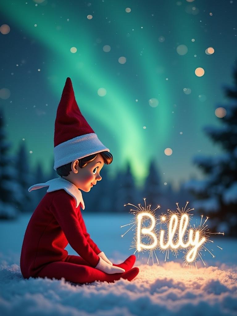 Enchanting Christmas scene with an elf in red and white. Elf sits facing the sky, writing 'Billy' in sparkler script. Background features vibrant northern lights. A whimsical twist celebrating the holiday spirit.