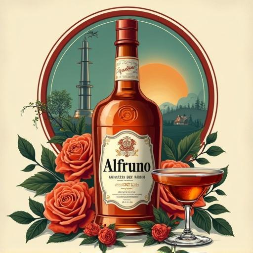 Stylized advertisement features a vintage aesthetic. Circular illustration at the top shows a modern copper distillation apparatus. Teal and orange gradient background surrounds the illustration. Text 'Genuss aus dem Garten der Natur - wild und besonders' is displayed in bold serif font in deep maroon on the right. At center, lower apothecary-style bottle of Alfruno prominently placed. Classically designed label includes a crest and brand name. Two cocktail glasses with amber liquid flank the bottle. Vibrant illustrations of roses and green foliage surround the elements. Warm tones of orange, green, and maroon create a harmonious visual appeal.