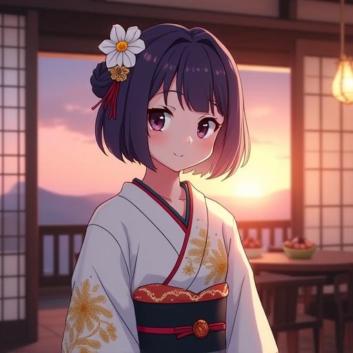 A young woman stands in a traditional Japanese cafe setting. She has dark violet bob hair styled in an updo with a white flower ornament. The kimono is white with golden floral patterns and a black obi belt. Calm expression is shown. Soft evening light creates a warm ambiance. Shoji screens and a hazy sunset sky are visible in the background.