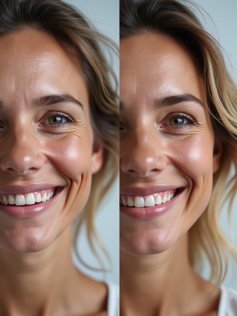 A comparison image showing a woman with wrinkles in the first part without a smile. The second part shows the same woman smiling. The focus is on her facial expressions.