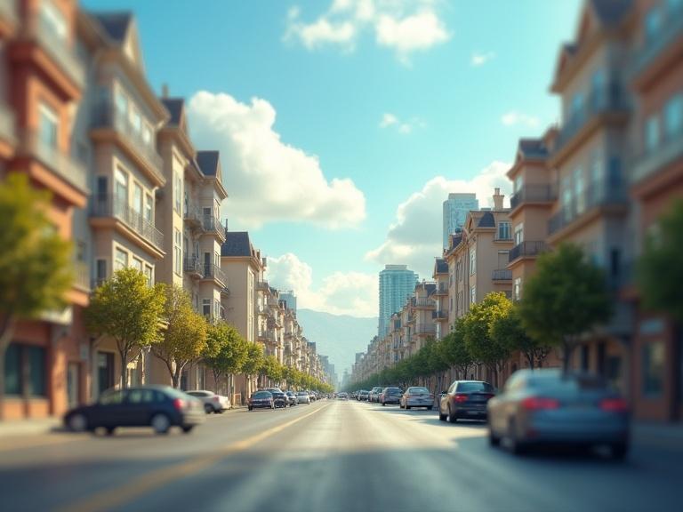 A wide view of a sunny street lined with residential buildings and trees. Soft focus effect provides blurriness, creating a serene atmosphere. Clear blue skies with a few clouds enhance the inviting scene. Variety of architectural styles present in the buildings.