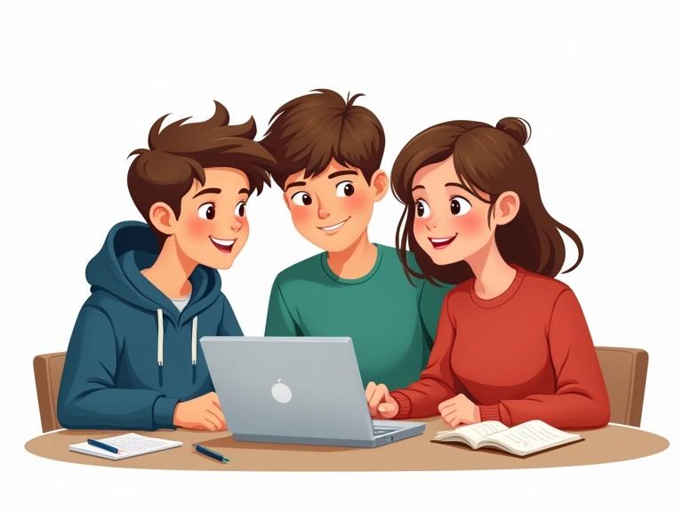 Three teenagers are sitting together. One boy wears a blue hoodie and another wears a green t-shirt. The girl wears a red sweater. They are around a table with a laptop open. Notebooks and pens are on the table. They look focused and engaged. The background is plain white.