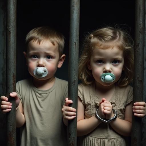 Two children appear anxious while confined in a cage. Both children wear pacifiers. Their wrists are handcuffed. They are in a threatening situation. The background is dark and foreboding. The focus is on their emotional expressions. A powerful message about the plight of vulnerable children emerges from the image.