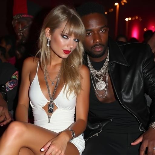 Image of a woman with blonde hair styled in bangs and long twintails. She is dressed in a very short white cutout club dress accessorized with a black queen of spades pendant. The club atmosphere is dingy and lively. The woman is seated closely next to a large black rapper, who is providing an affectionate hold. Both are framed in low club lights with a focus on their fashion expressions.