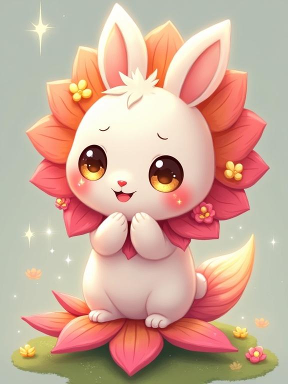 A whimsical creature combining a small mammal and blooming flower. Character radiates joy and magic. Vibrant pink petals surround a small, fluffy white creature. Expressive and cheerful with large eyes and gentle smile. Floral details enhance its design. Ideal for fantasy themes.