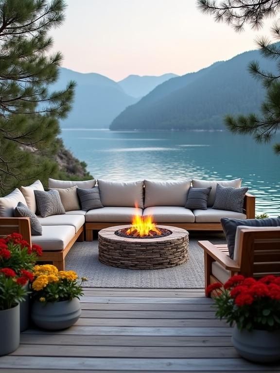 Beautiful lakefront patio in mountain landscape with an outdoor lounge area featuring an L-shaped sectional sofa and a central fire pit. Surrounded by potted flowers, wooden decking, and framed by trees. Calm lake with blue-gray mountains in the background and soft pastel sky. Ideal for relaxation, gatherings, or solitude.