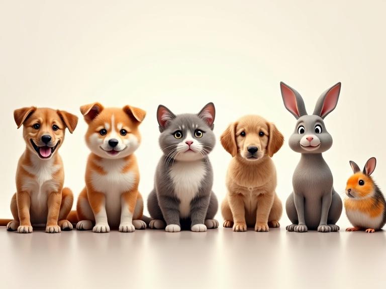 Realistic group of domestic animals including dogs and cats sitting calmly in a line. The animals appear healthy and well-cared-for in a veterinary clinic environment. The lighting is soft and warm, creating a sense of harmony.