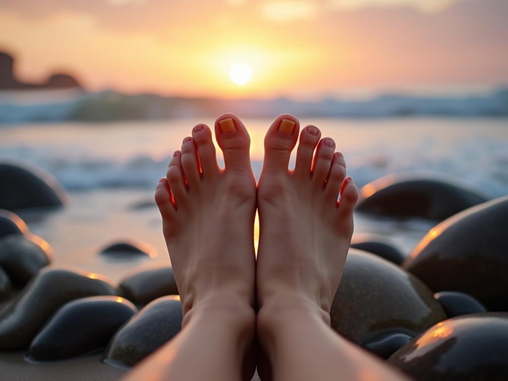 The scene captures two bare feet resting on smooth rocks as the sun sets over the ocean. The toes are perfectly manicured, glistening in the warm, golden sunlight. In the background, the sky transitions to hues of orange, pink, and purple, reflecting the tranquil mood of twilight. The gentle waves lap at the shore, creating a soothing sound that complements the peaceful atmosphere. This picturesque moment embodies relaxation and the beauty of nature, inviting viewers to feel the warmth of the sun and the coolness of the sea.