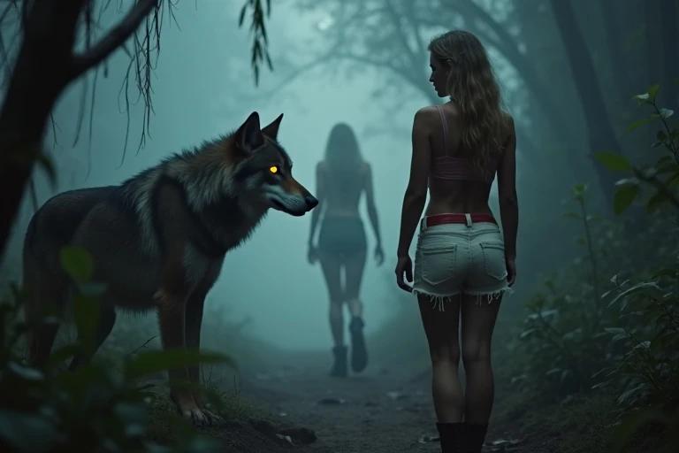 A wolf stands in a misty jungle. The wolf has glowing yellow eyes. A girl walks ahead in the shadows. She has golden hair and white skin. The girl wears a tight pink top and cutoff shorts. Fog drifts between them. The scene is atmospheric and filled with tension. The composition is focused on the wolf watching the girl.