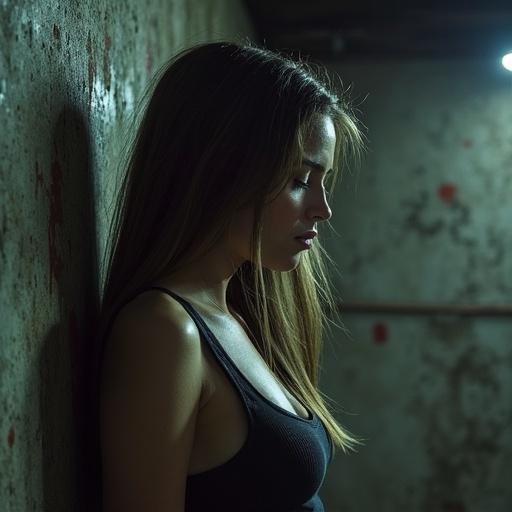 A woman appears tied up in a dimly lit garage. The walls show signs of neglect and faint stains. The atmosphere is tense and unsettling. The woman's hair falls around her shoulders. She seems distressed and vulnerable. Her surroundings are stark and foreboding.