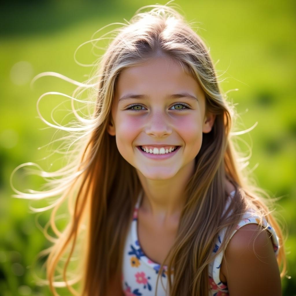 Image of a young girl with long hair smiling in a green outdoor setting. Soft natural light on her face. Hair flowing gently in the breeze. Background blurred to focus on her expression.