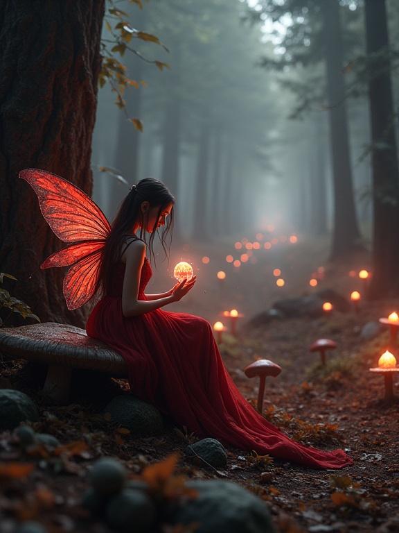 Hyperrealistic dark fantasy forest with deep red and black color palette. Gothic atmosphere with volumetric fog and intricate details. A fairy sits on a mushroom in the bottom left corner, wearing black-red lace dress and collecting glowing red dust. Center features an empty clearing with a path of golden leaves and ruins with glowing runes. Background includes deer, bioluminescent mushrooms, and floating amber lanterns. Dramatic lighting focused on center, fairy in soft shadow. Style is mystical realism with texture emphasis.