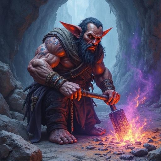 A dwarven artificer working in dark caves. Malevolent atmosphere with purple chaos aura. The dwarf has round human ears. He's hammering steel near an anvil and forge.