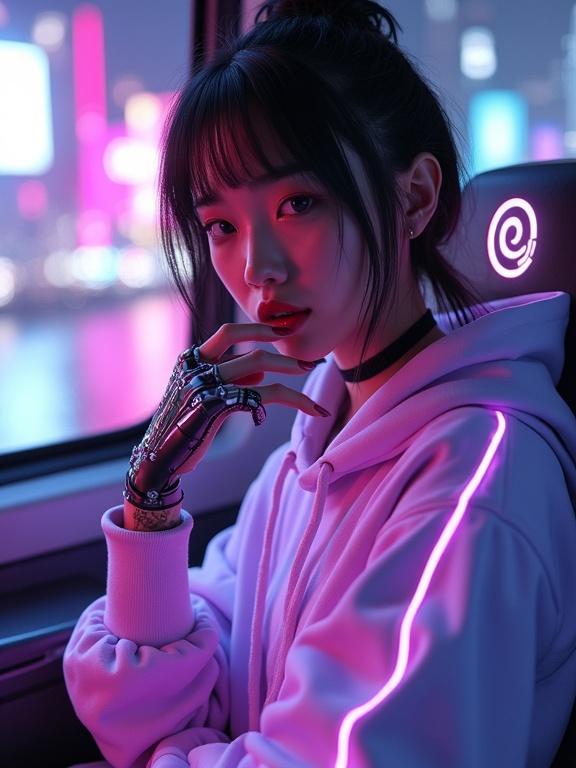 Captivating young East Asian woman with dark hair and sharp features. Seated inside a futuristic vehicle. Wearing oversized light lavender hoodie with glowing pink and purple neon lines. Right hand is a highly detailed bionic prosthesis with elongated nails. Dark choker with glowing elements. Intense gaze towards viewer. Blurred cyberpunk city skyline outside window. Ambient neon glow illuminates scene. Digital art with detailed and cinematic style.