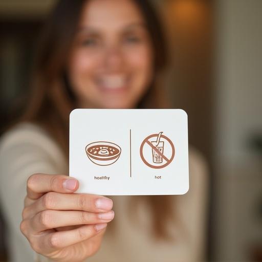 Photograph from behind the shoulder of a person holding a small white card. Card features brown minimalist illustrations. Right side shows healthy food like a bowl of soup. Left side shows a hot drink with a no symbol. Person in background is smiling. Soft brown and white color theme. Warm lighting and shallow depth of field.