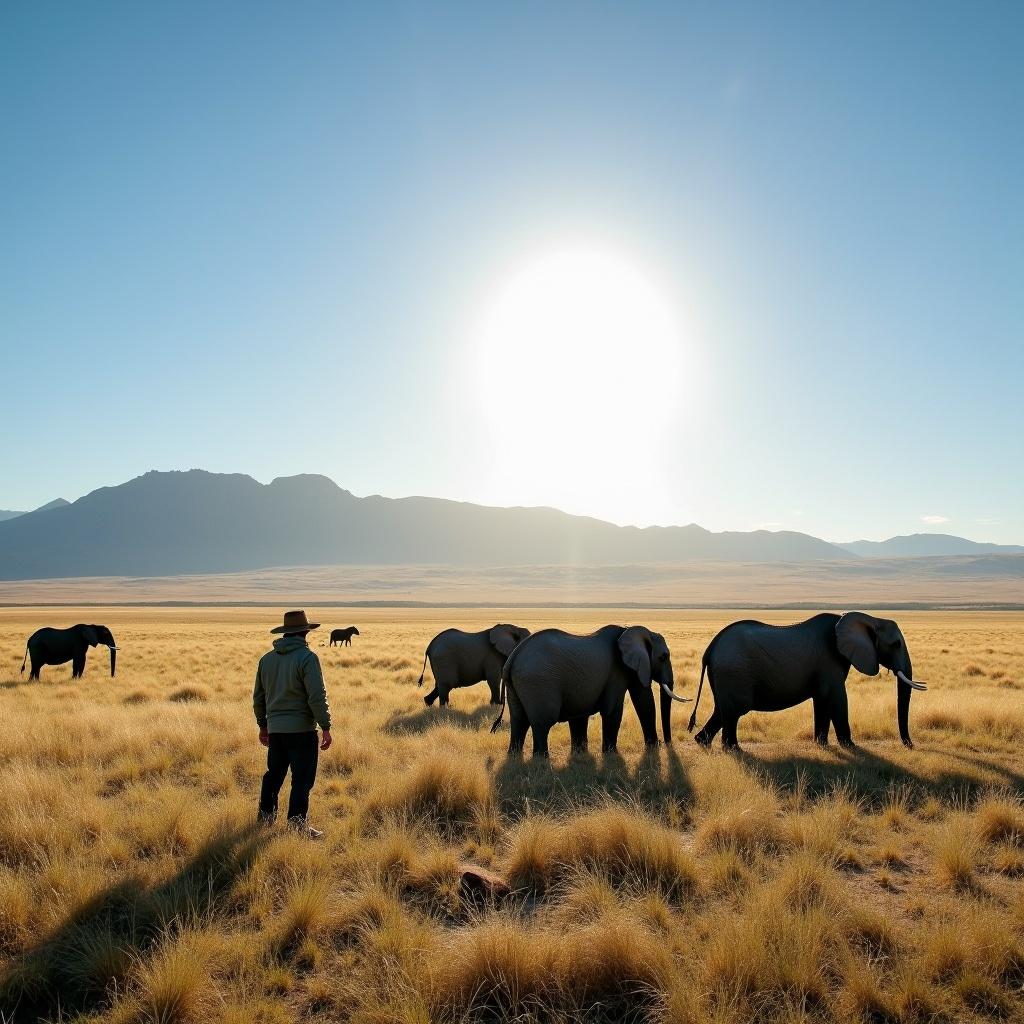 Human figure stands among elephants in vast golden savanna. Bright sunlight shines in background with mountains visible.