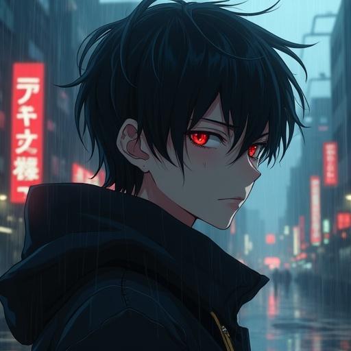 Create a picture with dark vibe anime boy. Character has hate-fueled eyes. Rain is falling. Japanese city in the background. Perspective should be zoomed out showing full body.