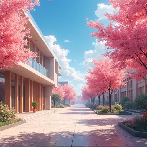 Anime scene depicting a luxurious educational district in summer. Features pink cherry blossom trees. Modern buildings with a futuristic design. Bright morning atmosphere.