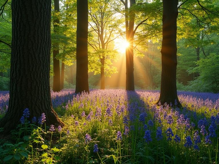 Photograph depicts a serene forest at sunset. Sun rays shine through tall trees. Bluebells and purple wildflowers cover the ground. Rough bark on trees in foreground. Lush green foliage surrounds the scene. Sunlight creates a warm golden glow. Shadows cast on the ground. Atmosphere is tranquil and peaceful. Natural light enhances the beauty of the scene. Soft focus captures the essence of nature in springtime. Vibrant colors of flowers contrast with green leaves. Scene captures the peaceful environment of a woodland.