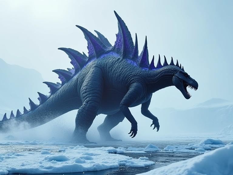 Huge black spiky thick monster resembling a stegosaurus crouching and roaring. Dorsal spines glowing in purple and blue. Covered with snow and ice. Breaking through ice in Antarctica. Sunny atmosphere. Ice cracking around it.