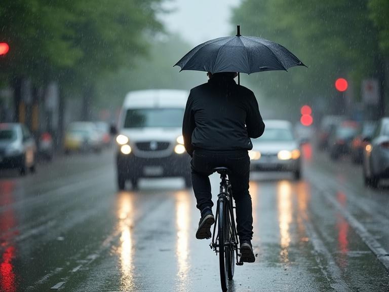 Rainy day scene depicting a cyclist on a street with traffic. Man rides bicycle holding an umbrella. Wet pavement and blurred red traffic lights create a dynamic setting.